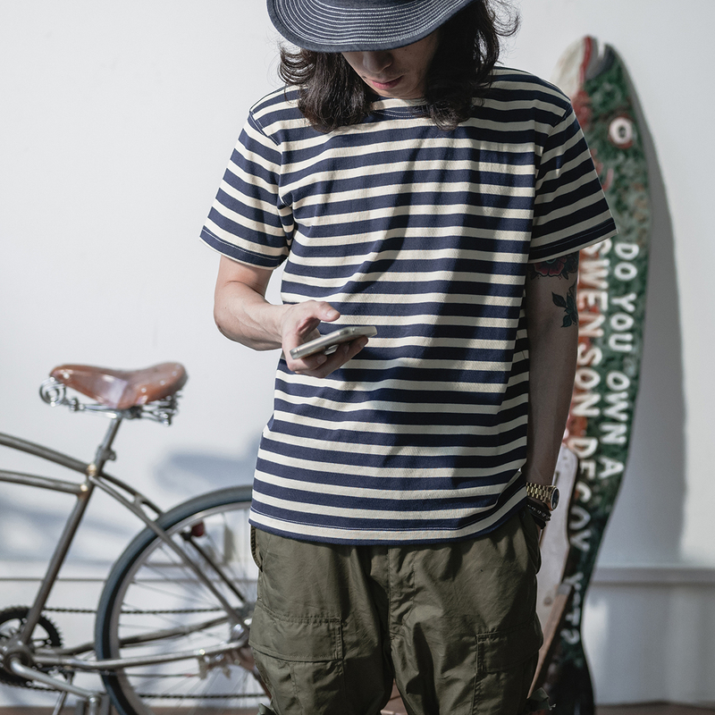 Bad Dog Bronson Berton Blue Striped Sailor Shirt Short-Sleeved T-Shirt Men's Retro Loose Couple Style Top Bad Dog Bronson Berton Blue Striped Sailor Shirt Short-Sleeved T-Shirt Men's Retro Loose Couple Style Top