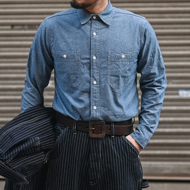 Non Stock 50S Classic Double Patch Pocket Denim Long-Sleeve Shirt Chambray Workwear Light Blue Shirt