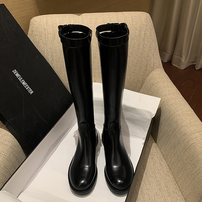 ANN Knights Boots 2022 winter new leather skinny horse boots coarse and zipper belts can't button knee boots