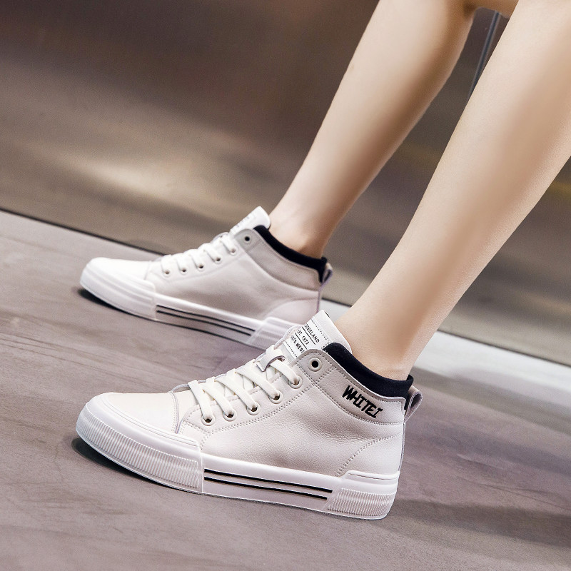 Genuine leather small white shoes woman 2021 new spring autumn harbor wind high cylinder shoe ulzzang 100 hitch flat-bottomed sneakers