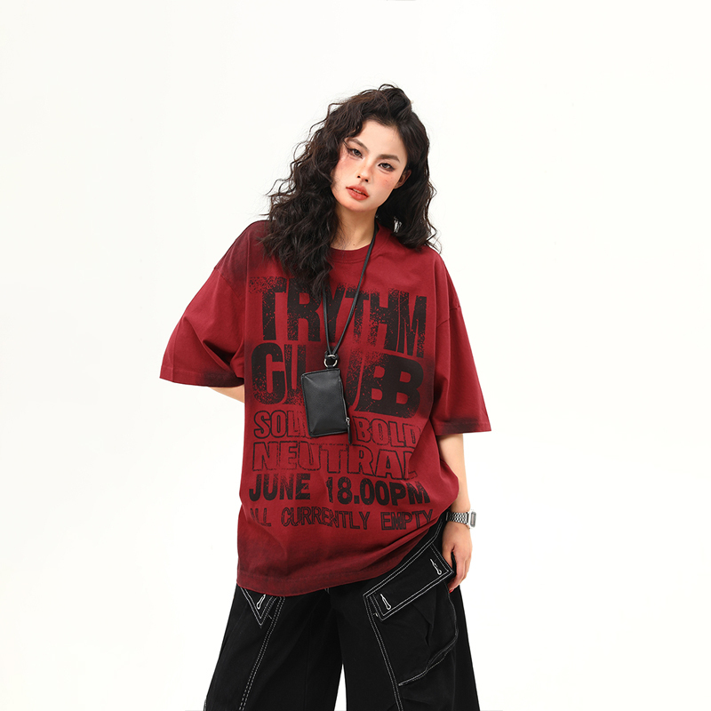 Wild Azi Washed Heavy-Duty American Street Style Letter Red Short-Sleeve T-Shirt for Men and Women, Summer Trendy Brand Couple Tops