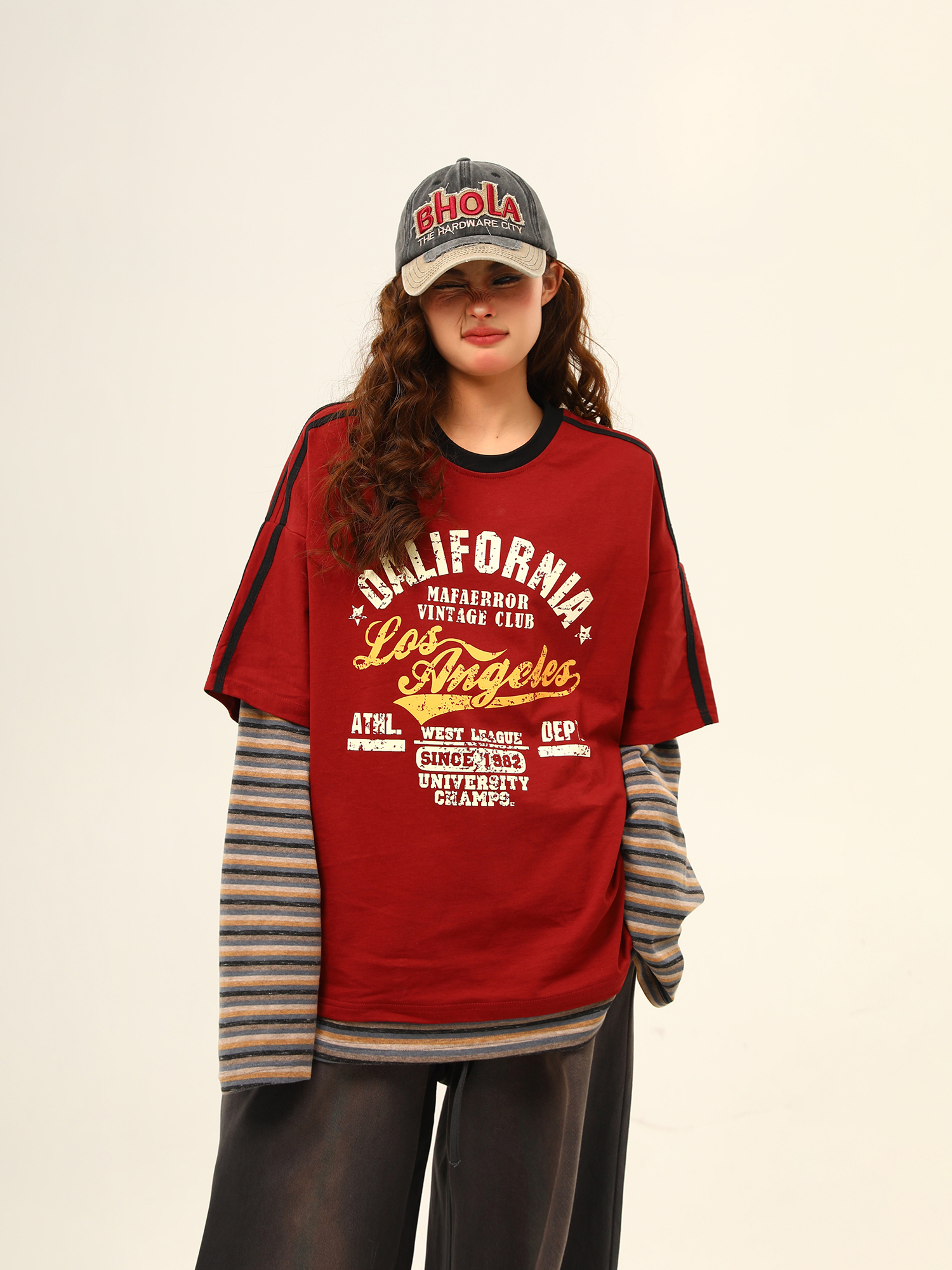 Wild Azi American Style Patchwork Color-Block Lässiger, lockerer Druck Zweiteiliges Langarm-T-Shirt mit Rundhalsausschnitt für Damen_voghion.com