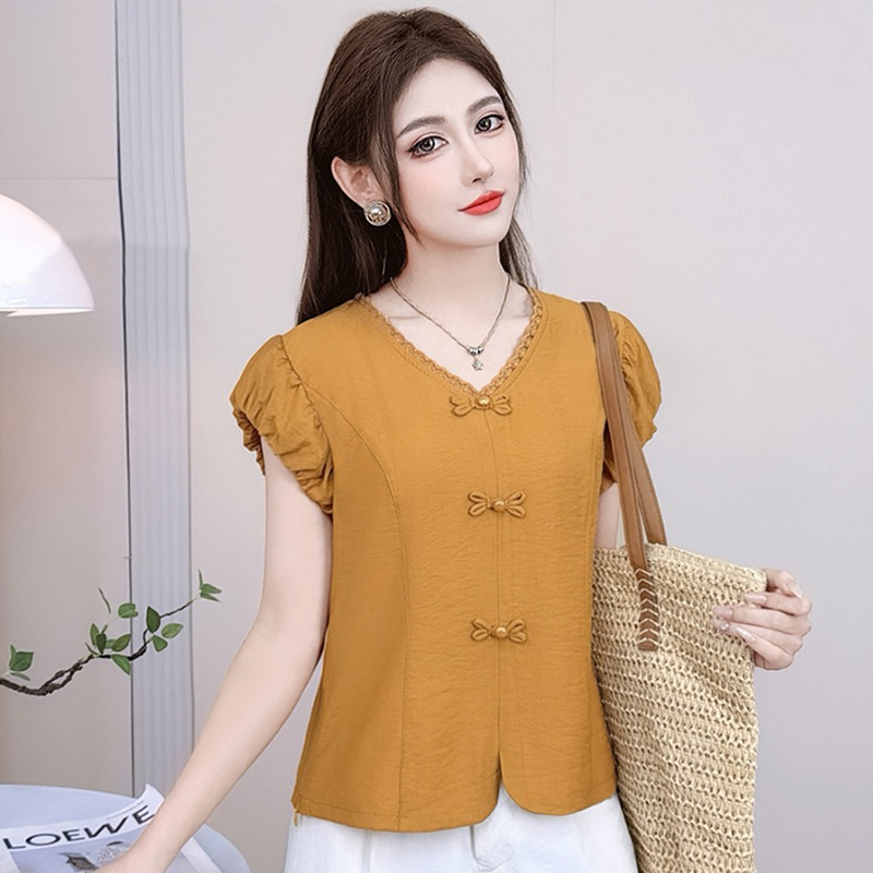 Trendy and Youthful Cotton-Linen Short-Sleeve Shirt for Women, New Summer V-Neck Lace Patchwork Casual Petal Sleeve Top Trendy and Youthful Cotton-Linen Short-Sleeve Shirt for Women, New Summer V-Neck Lace Patchwork Casual Petal Sleeve Top