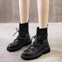 Thick-soled Martin boots summer thin womens shoes breathable 2021 new spring and autumn single boots black socks boots leather short boots