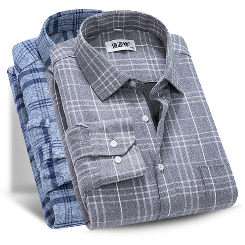 Hengyuanxiang Warm Shirt Men's Middle-aged Dad Wear Plush Thickened Business Casual Cotton Plaid Long-sleeved Shirt
