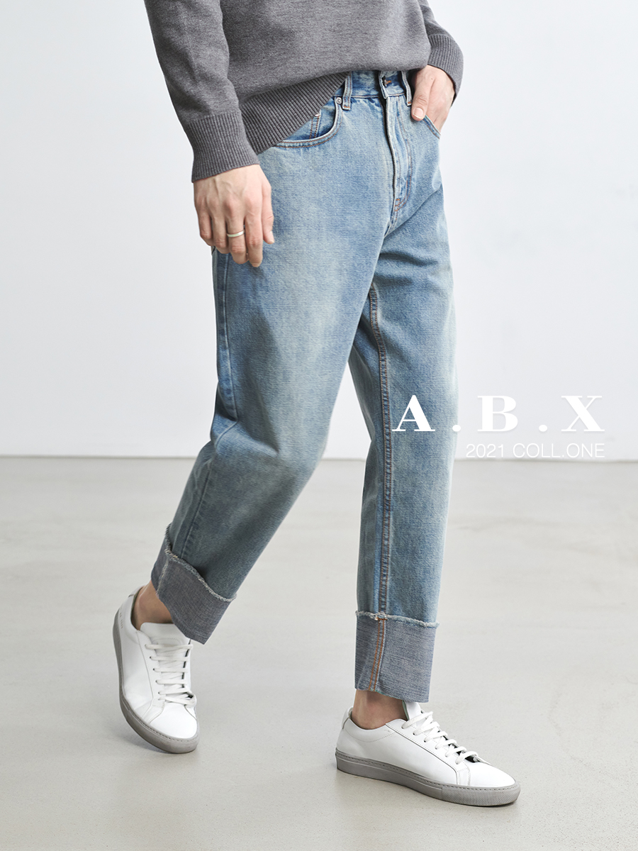 2022 spring new style flanging old washed cotton jeans men's loose straight Korean version trendy all-match trousers