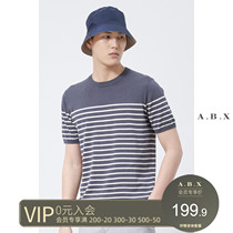 Summer new mulberry silk striped knitted short-sleeved T-shirt mens loose casual fashion brand mens trend round neck T-shirt