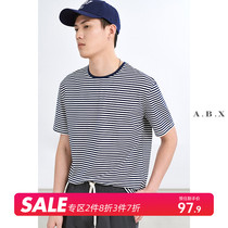 Summer new blue and white striped round collar T-shirt male trend Chauded man short sleeve thin section 100 hitch bottom body shirt
