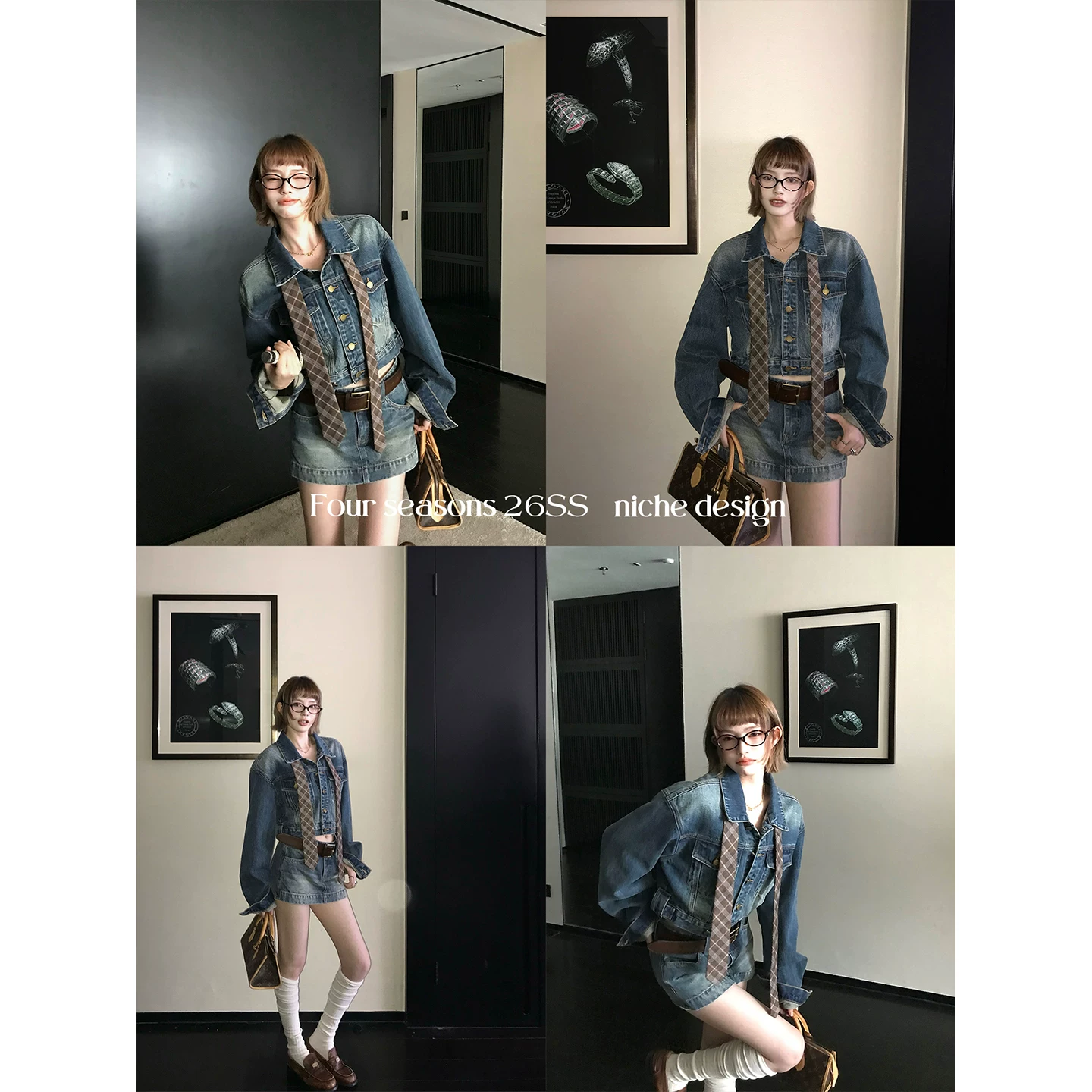 区区欧阳 'Fern excellent ratio' hot girl Bi enters!Washed blue short denim jacket suit