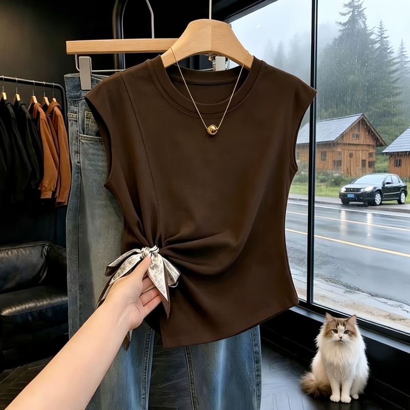 Coffee-Colored Tie-Waist Flutter-Sleeve Sleeveless T-Shirt for Women, Summer 2026 New Style, Very Pretty, Niche, Retro, Unique Top