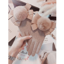 Gloves female winter plus velvet thickened warm wool driving Korean cute Rex rabbit hair bow touch screen Student Cycling