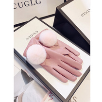 Leather gloves autumn and winter womens Rex rabbit wool plus velvet thickened warm and cold riding touch screen driving students