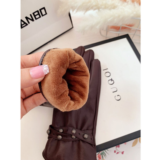 Sheepskin Gloves for Women, Autumn and Winter, Touchscreen, Thin Style, Driving, Fleece-Lined, Thickened, Cold-Proof, Warm, Cycling, Cute, Genuine Leather, Hand-Friendly