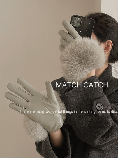 Genuine Leather Gloves for Women, Autumn and Winter, Thin Sheepskin, Touchscreen-Compatible, Fox Fur, Fleece-Lined, Warm, Windproof, Cold-Resistant, Short Style, for Driving and Cycling