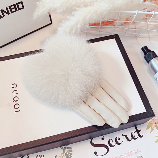 Genuine Leather Gloves for Women, Autumn and Winter, Sheepskin, Fleece-Lined, Thickened, Cold-Proof, Warm, Fox Fur, Touchscreen, Driving, Thin Style, Cycling, Short Style