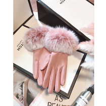 Leather gloves female winter Korean version of cute real rabbit hair touch screen plus velvet thick warm waterproof bike driving student thin