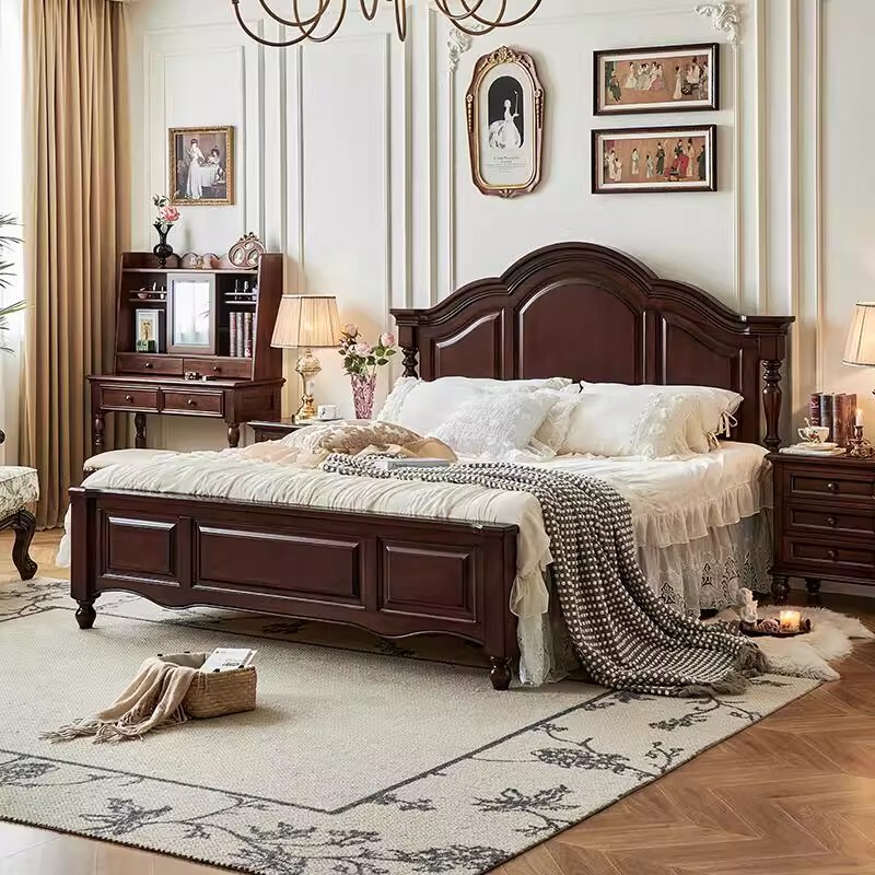 American-Style Solid Wood Bed, Cherry Wood, Full Solid Wood Hardboard, Master Bedroom 1.8m High Box Air Pressure Double Bed Furniture, 1.5m Large Bed