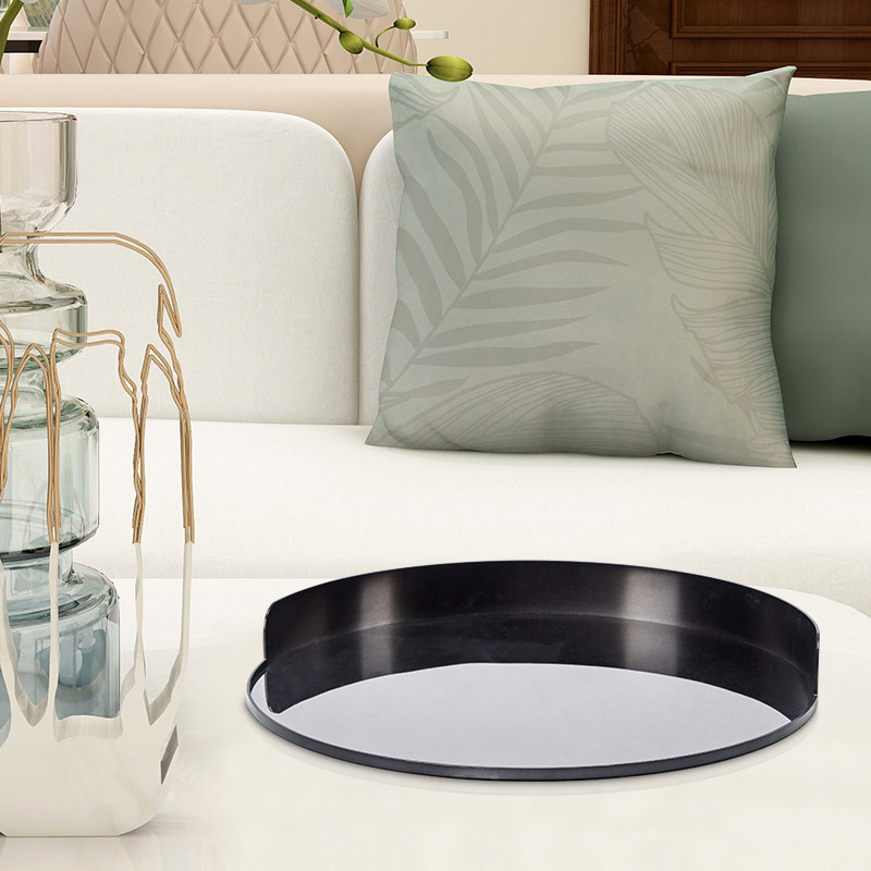Simple light luxury metal mirror round tray black tea tray model room wine glass wine set decoration ornaments storage tray