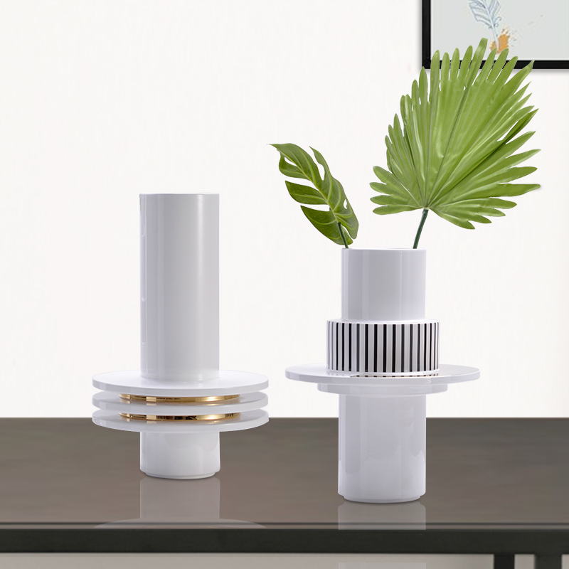 Modern light luxury vase home decoration geometric gold edge flower arrangement ceramic flower ware model room dining table TV cabinet ornaments