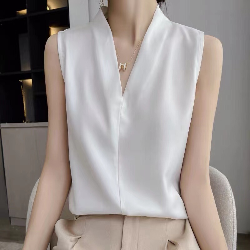 White Sleeveless Women's Shirt, Satin Top for Layering under a Suit, Plus-Size V-Neck Blouse, Summer Camisole for Women