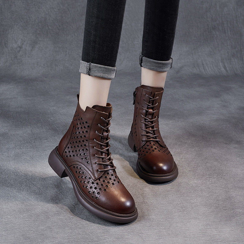 Hollowed-out Martin boots woman flat bottom 2022 spring new genuine leather summer breathable high cylinder cool boots Inlenty wind retro short boots