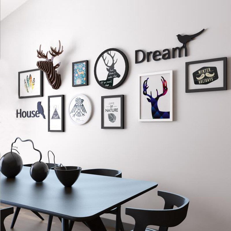 Nordic Minimalist Solid Wood Creative Photo Wall Photo Wall Wall Living Room Sofa Background Wall Decoration Deer Head Combo Photo Frame