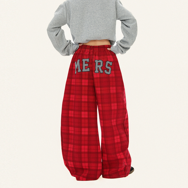 Bulu Biscuit American Retro Letter Patch Embroidered Plaid Scimitar Casual Pants for Women, Loose Fit, Slimming Wide-Leg Pants