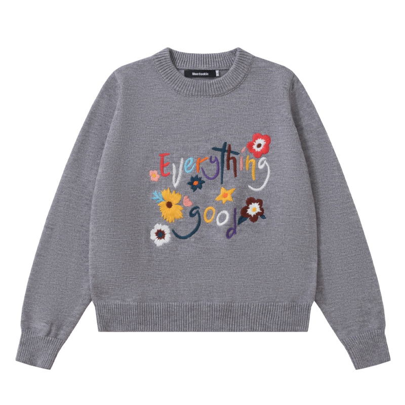 Colorful Letter and Flower Embroidered Round Neck Pullover Sweater for Women, Versatile Loose Knit Top for Autumn and Winter