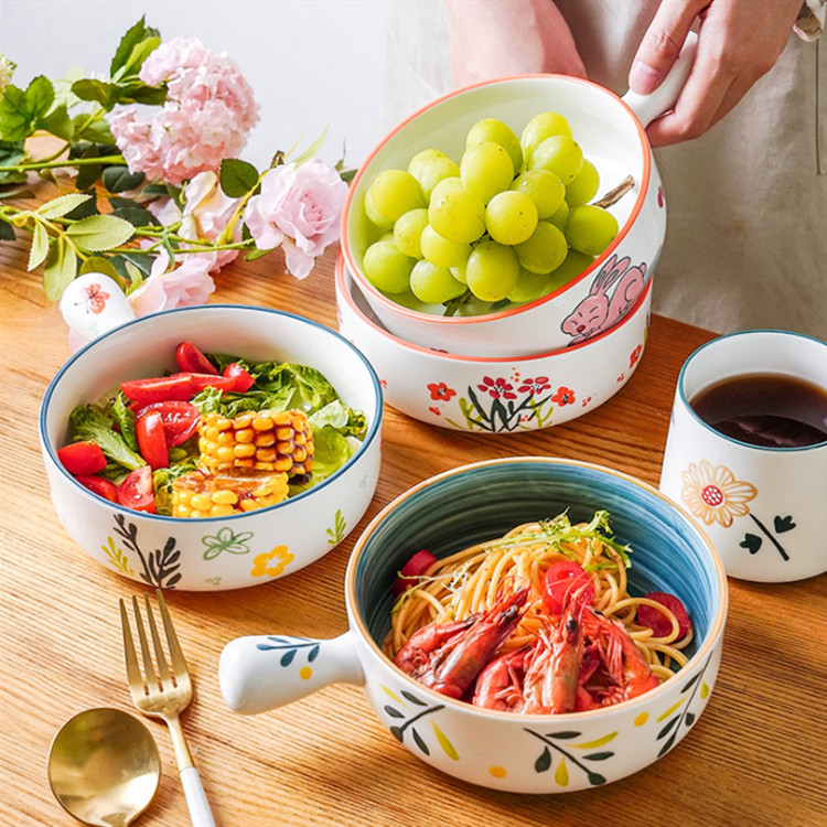 Modern housewife Qingyao Japanese tableware ceramic baking tray home oven baking tray fruit handle plate sub-net red