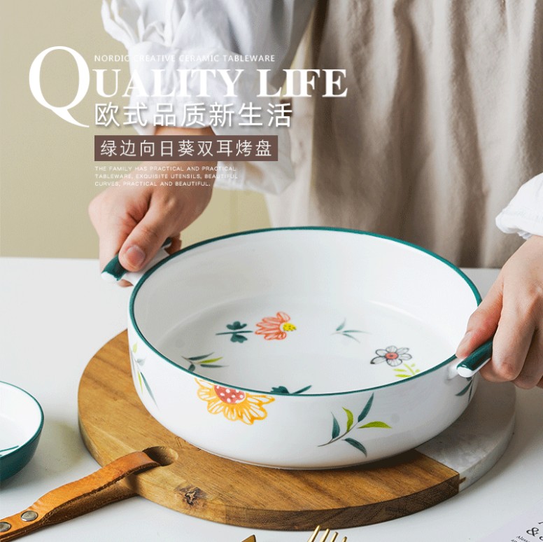 Twin ear grilled ceramic dish baking rice dish baking microwave oven Western food plate oven dedicated creative plate household