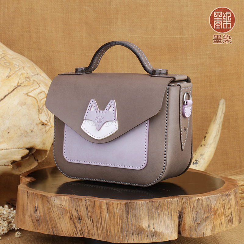 Big Fox Bag, Ink-Dyed Original Design, Handmade First-Layer Cowhide, Square Contrasting Color Mobile Phone Bag, Hand-Held and Cross-Body