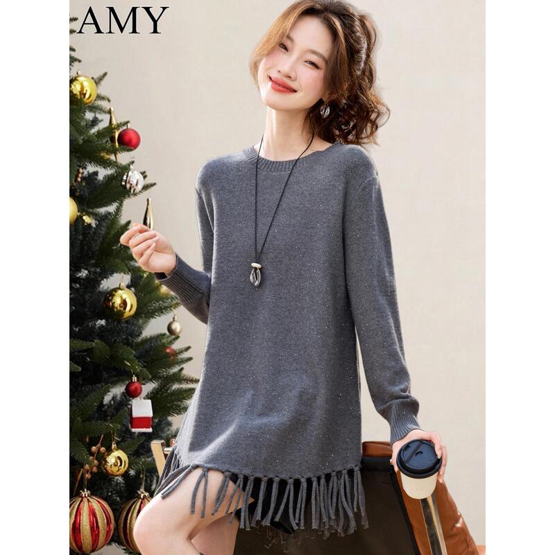 2025 Winter New Style Gray Round Neck Mid-Length Tassel Sweater Loose and Lazy Style Covering the Body Knitted Base Top for Women