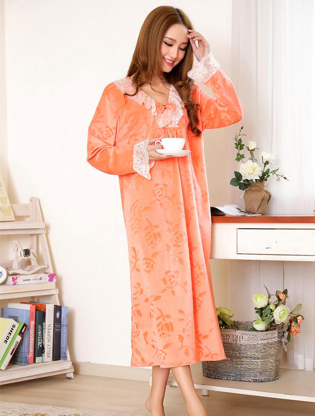 Mùa xuân và mùa thu đông nữ dài tay siêu mềm mại nhung ngọc trai XL áo ngủ rộng rãi đồ ngủ tại nhà bà bầu có thể mặc đầm ngủ 2 dây