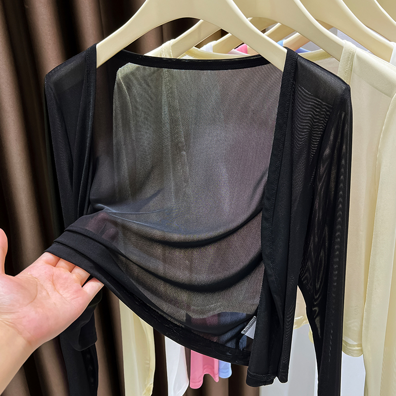 Black Ice Silk Mesh Sun Protection Cardigan for Women, Summer Thin Style, Paired with a Slip Dress, Worn as an Outer Shawl Top, Sheer Lace Blouse