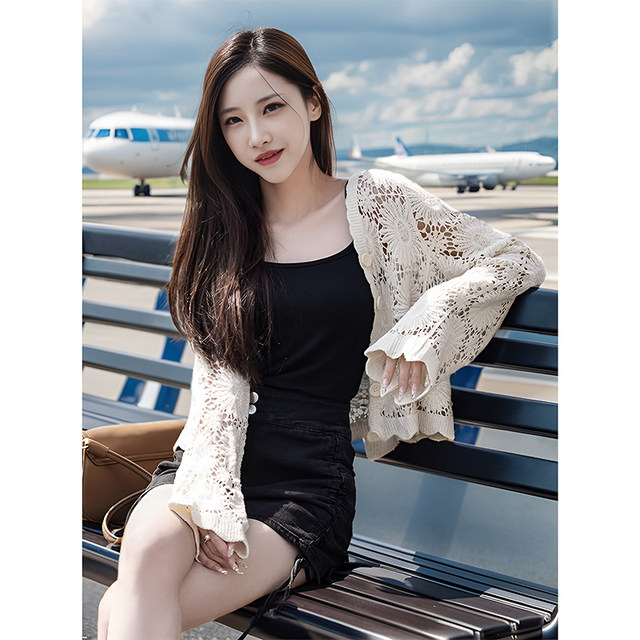 ເສື້ອລູກໄມ້ hollow-sleeved ບາງ cardigan ສໍາລັບແມ່ຍິງ 2024 ພາກຮຽນ spring ດູໃບໄມ້ລົ່ນ summer ກັບ suspender skirt ປ້ອງກັນແສງແດດ shawl ແລະ blouse ຂະຫນາດນ້ອຍ