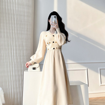 Autumn and winter temperament and gentle wind French style waist and thin inside bottoming thickening long skirt v-neck knitted long-sleeved dress