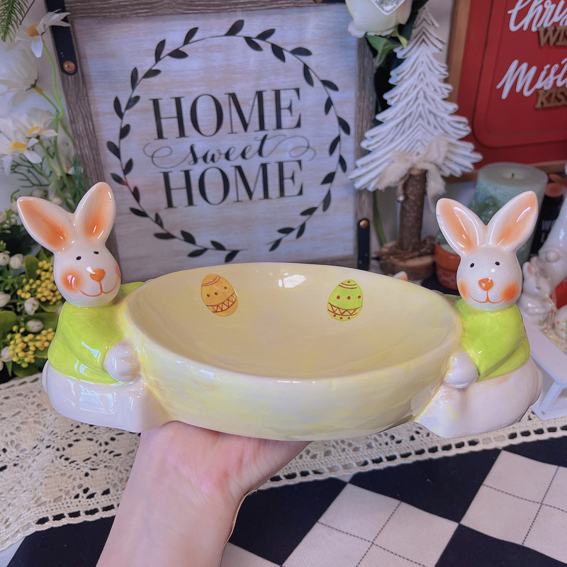 Ceramic Rabbit Easter Egg Tray Double Rabbit Tray Storage Vintage Export Decoration Slight Imperfections 38 Packs