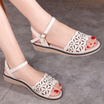 2021 new casual fashion slope heel summer empty size sandals women 40 a 43 flat hollow leather mother shoes