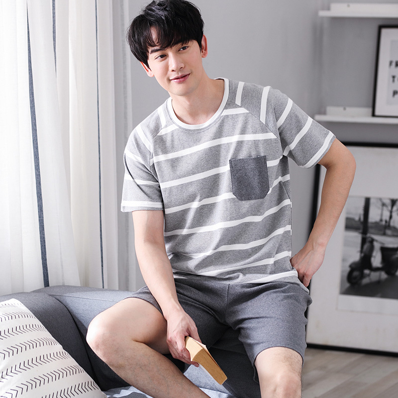 Wan Ruyu nước cotton mens mùa hè đồ ngủ mùa hè bông ngắn tay quần áo nhà mỏng đơn giản giản dị bộ ngắn tay.