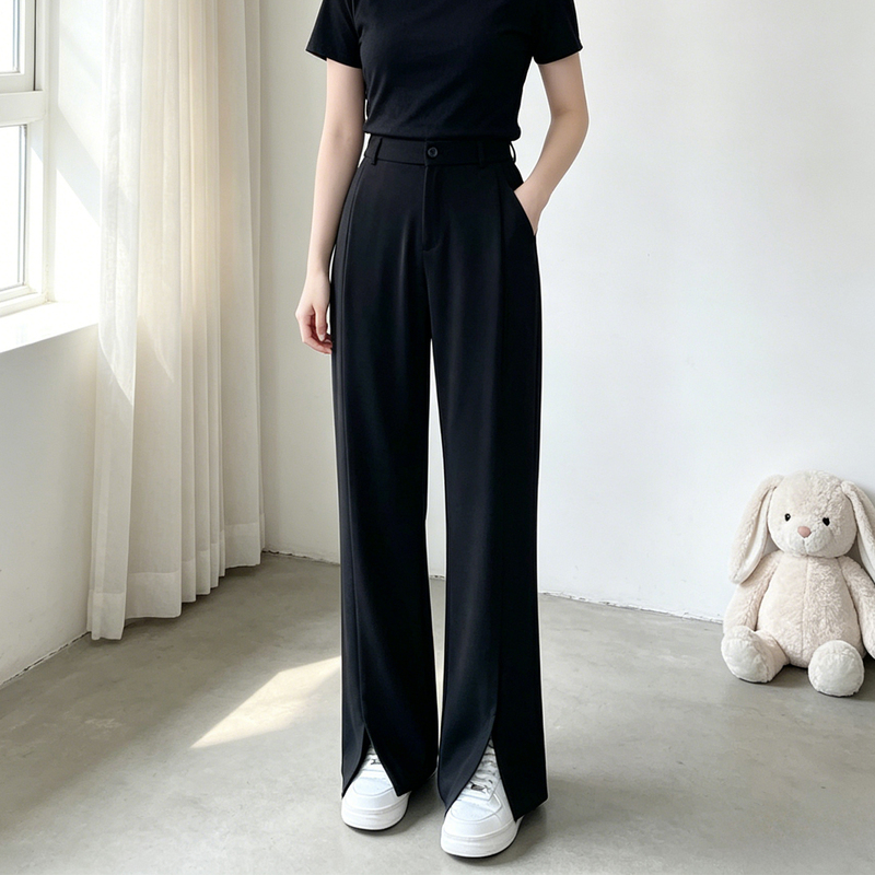 150kg Plus-Size Minimalist Style Slit Suit Pants for Women, High-Waisted Straight-Leg, Slimming and Drapey Black Pants