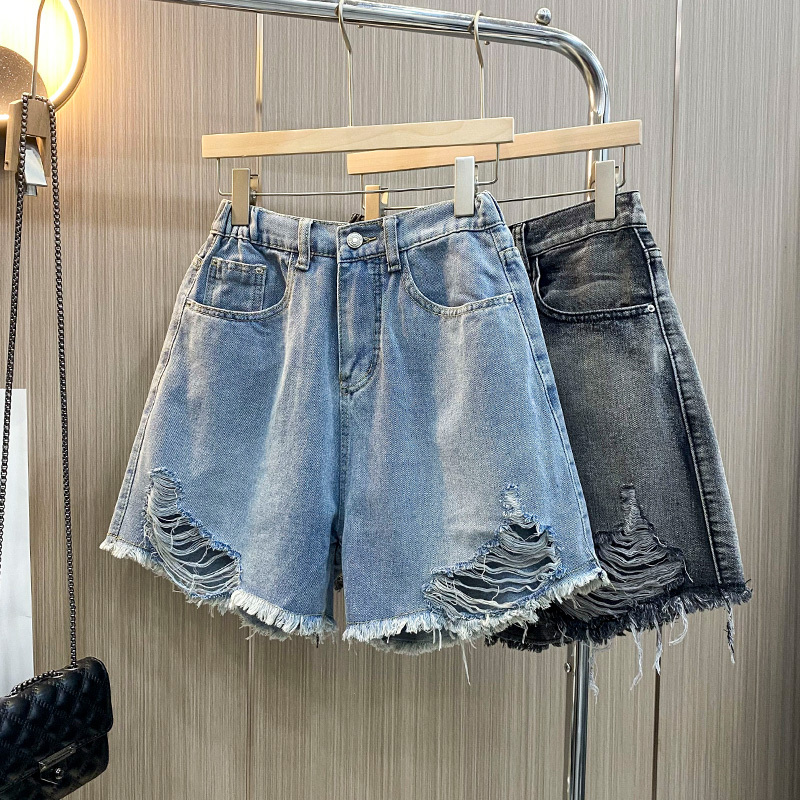 100kg Plus Size Women's Clothing for Fat Women, Summer Loose High-Waisted Slimming A-Line Hot Pants, Versatile Ripped Denim Shorts for Students