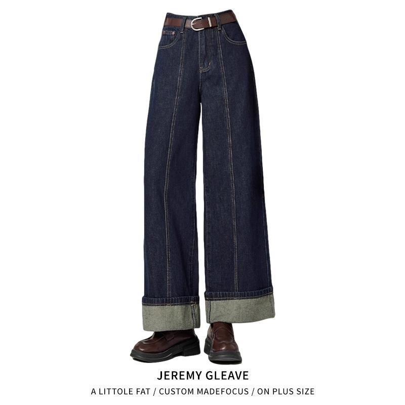 150kg Plus Size Retro Cuffed Jeans for Women with a High Waist, Loose Fit, Slimming Straight Leg, Cropped Length