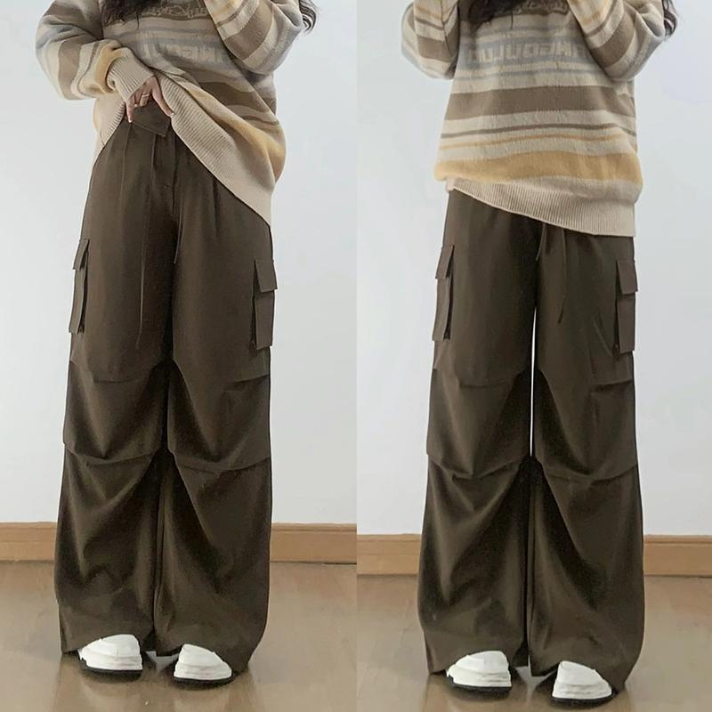 150kg Plus Size American Style Brown Cargo Pants for Women, Slimming Casual Pants, Loose Versatile Wide-Leg Suit Pants