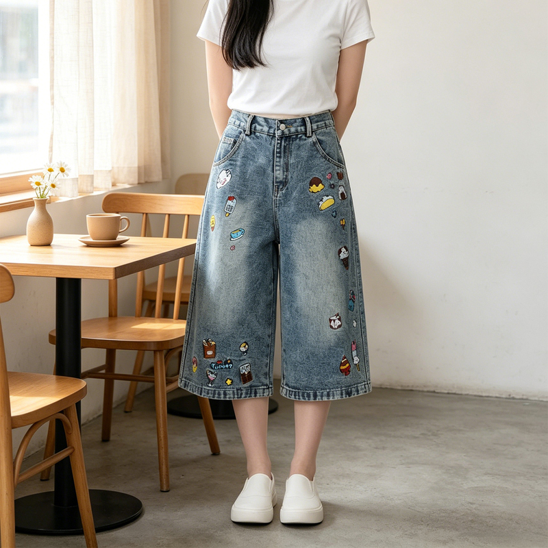 150kg Plus-Size Vintage Cartoon Embroidered Jeans for Women, Loose Fit, Flattering, Wide-Leg, Cropped Pants
