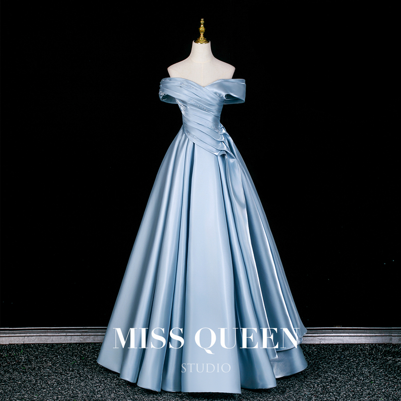 Bridal Toast Dress, One-Shoulder Satin Blue Evening Gown, Princess Tutu Skirt, Lace-Up High-Waisted Performance Dress