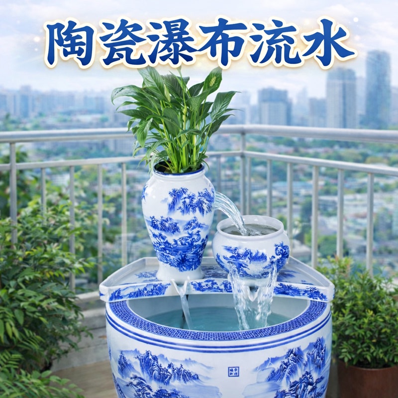 Jingdezhen Flowing Water Ornaments, Circulating Water, Traditional Ecological Fish Tank, Waterfall Landscaping, Complete Set of Ceramic Pots for Fish Breeding and Filtration