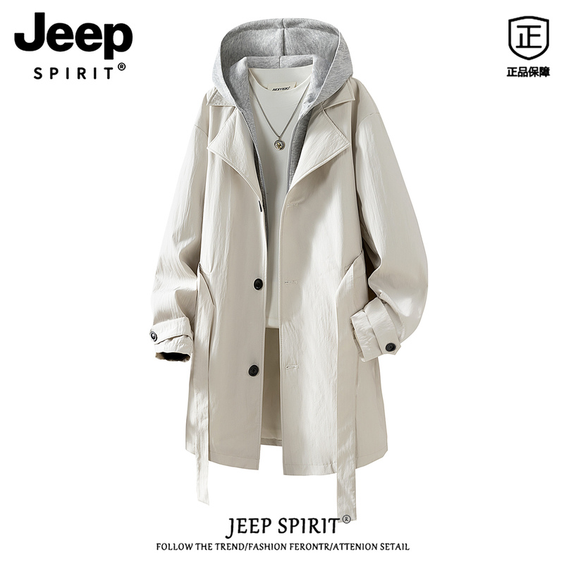 Jeep Spirit Fake Two-Piece Hooded Trench Coat for Men, Autumn Mid-Length Over-The-Knee Casual Coat, British Style Jacket Jeep Spirit Fake Two-Piece Hooded Trench Coat for Men, Autumn Mid-Length Over-The-Knee Casual Coat, British Style Jacket