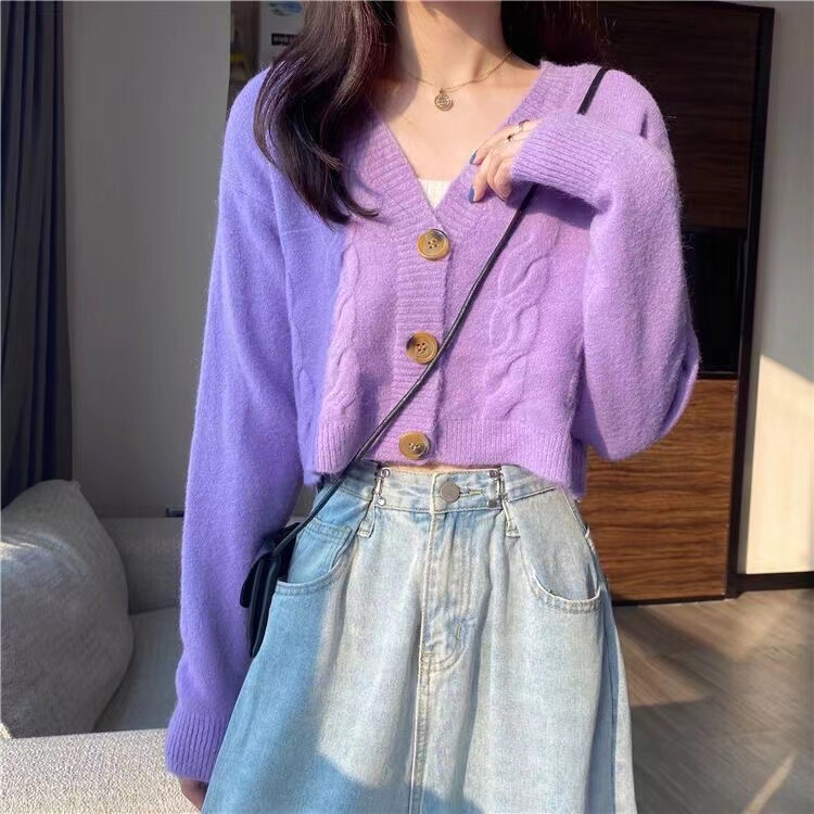 Short Purple Cable Knit Cardigan for Women, Loose-Fitting Outerwear, Lazy Style Long-Sleeve Top, Versatile for Spring