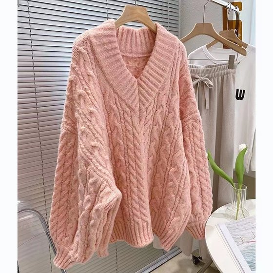 V-Neck Thickened Fried Dough Twists Sweater Women's Autumn and Winter Loose Outwear Lazy Style Design Sense Small Warm Knit Top