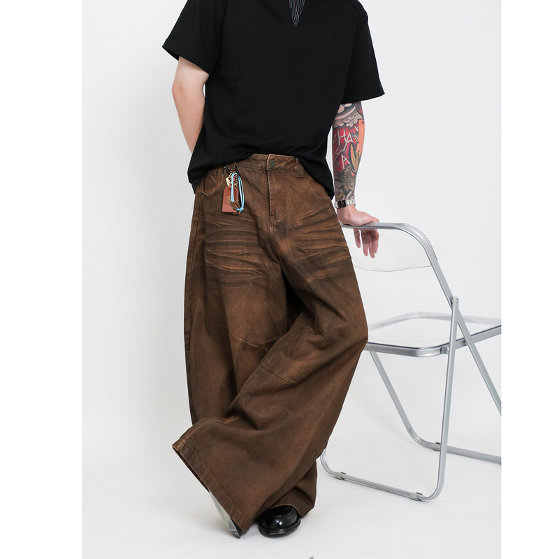 Money Giant American Retro Distressed Scimitar-Style Post-Apocalyptic Wide-Leg Jeans with Heavy Washing and High-End Feel for Couples